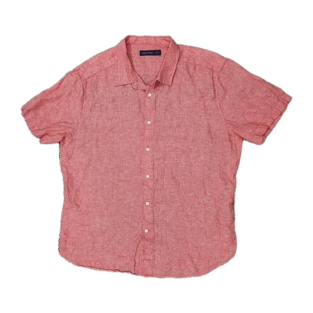 Nautica Mens XL‎ 100% Linen Coral Pink Short Sleeve Button Up Shirt